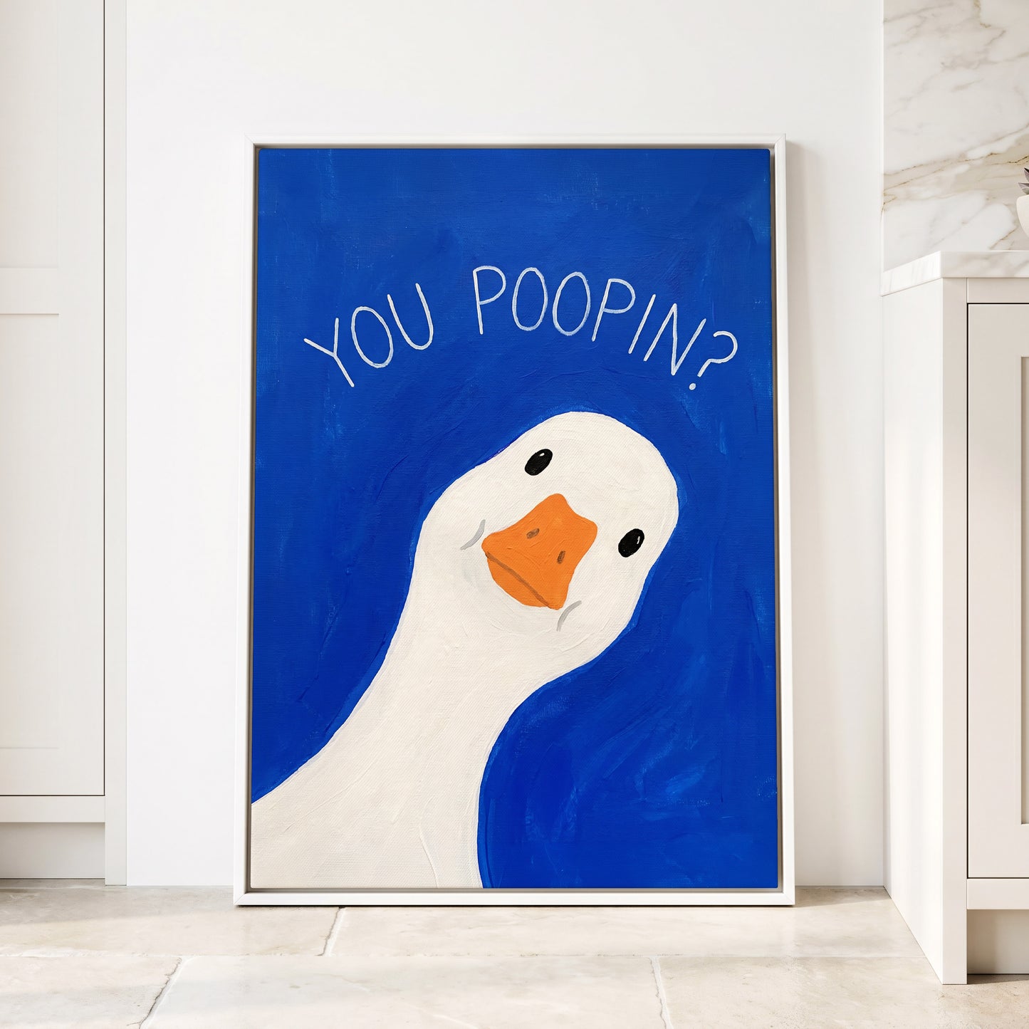 Cheeky Goose Check-In, blue, white, orange nature wall art displayed in a styled interior, gallery view 8