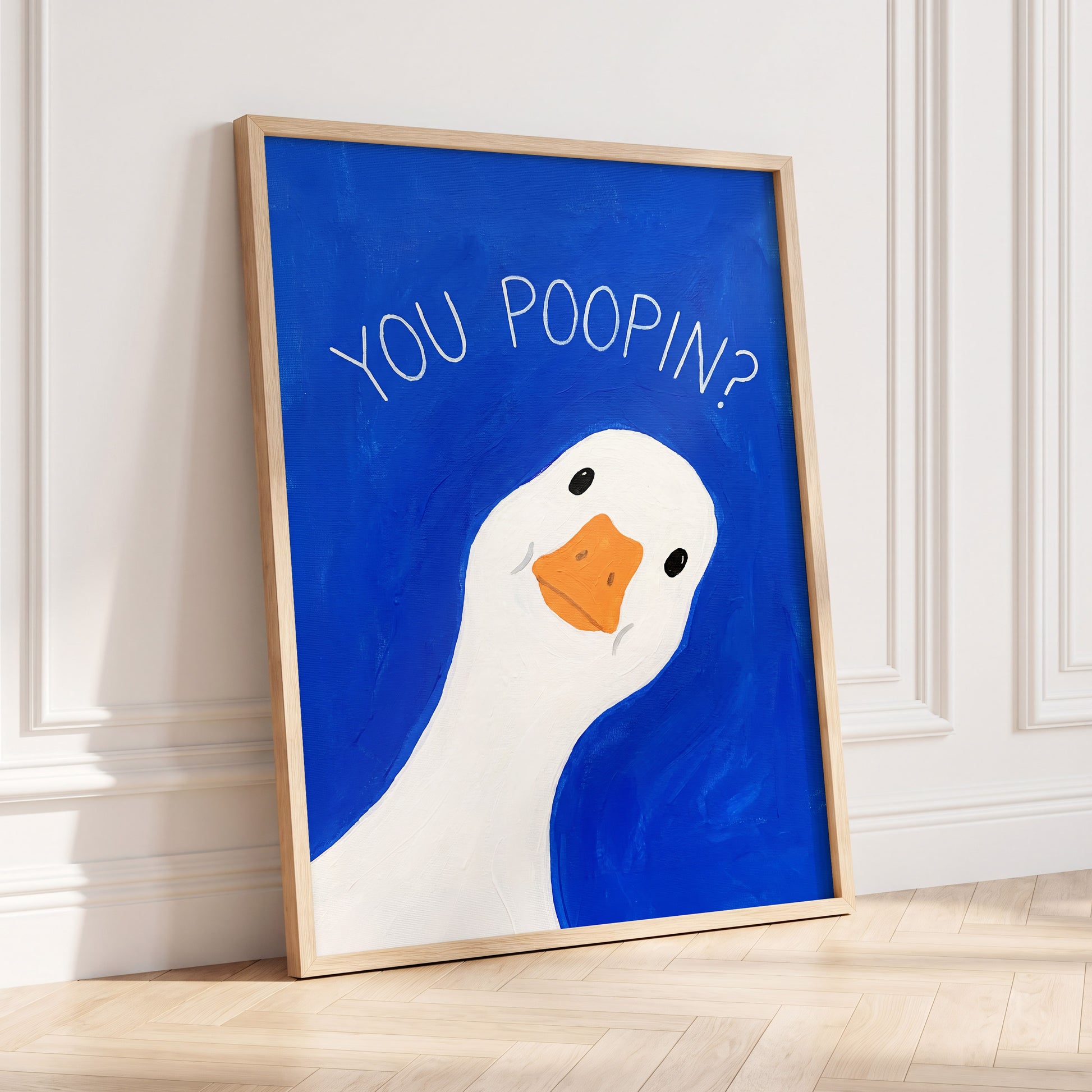 Cheeky Goose Check-In, blue, white, orange nature wall art displayed in a styled interior, gallery view 9