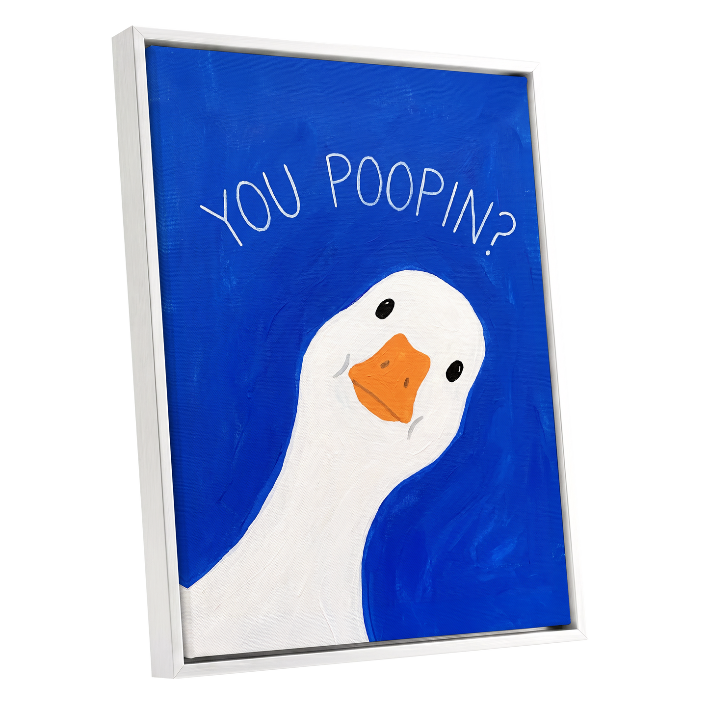 Cheeky Goose Check-In, blue, white, orange nature wall art shown as a white framed canvas wall art