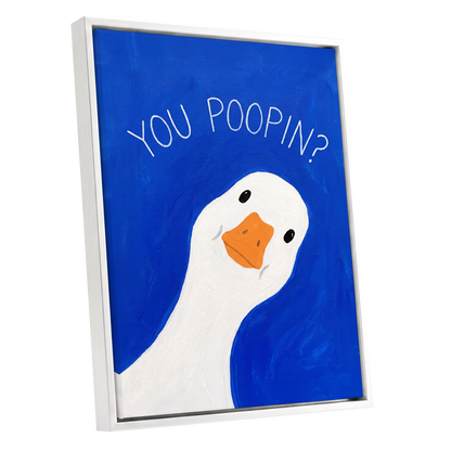 Cheeky Goose Check-In, blue, white, orange nature wall art shown as a white framed canvas wall art