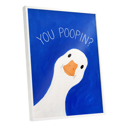 Cheeky Goose Check-In, blue, white, orange nature wall art shown as a white framed poster wall art print