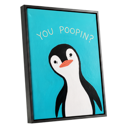 Cheeky Penguin Question, blue, black, white nature wall art shown as a black framed canvas wall art