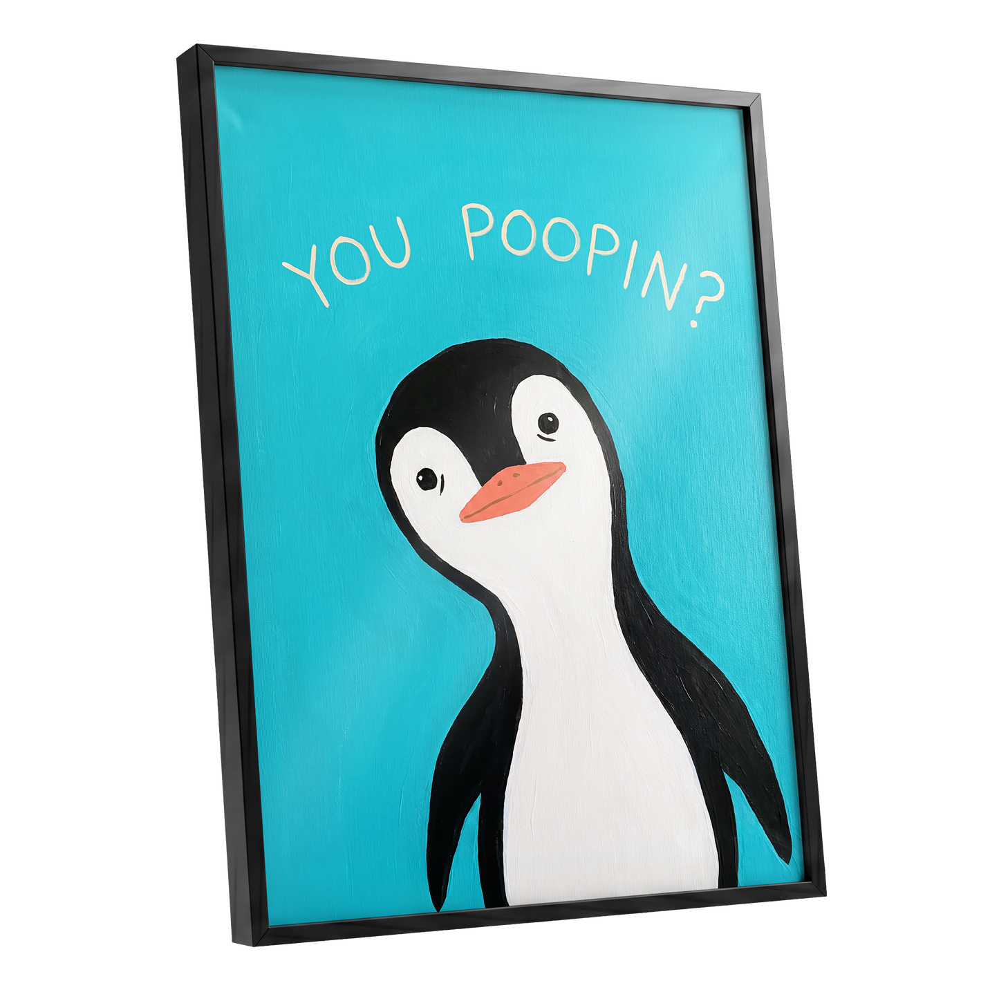 Cheeky Penguin Question, blue, black, white nature wall art shown as a black framed poster wall art print