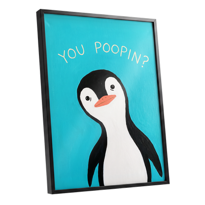 Cheeky Penguin Question, blue, black, white nature wall art shown as a black framed poster wall art print