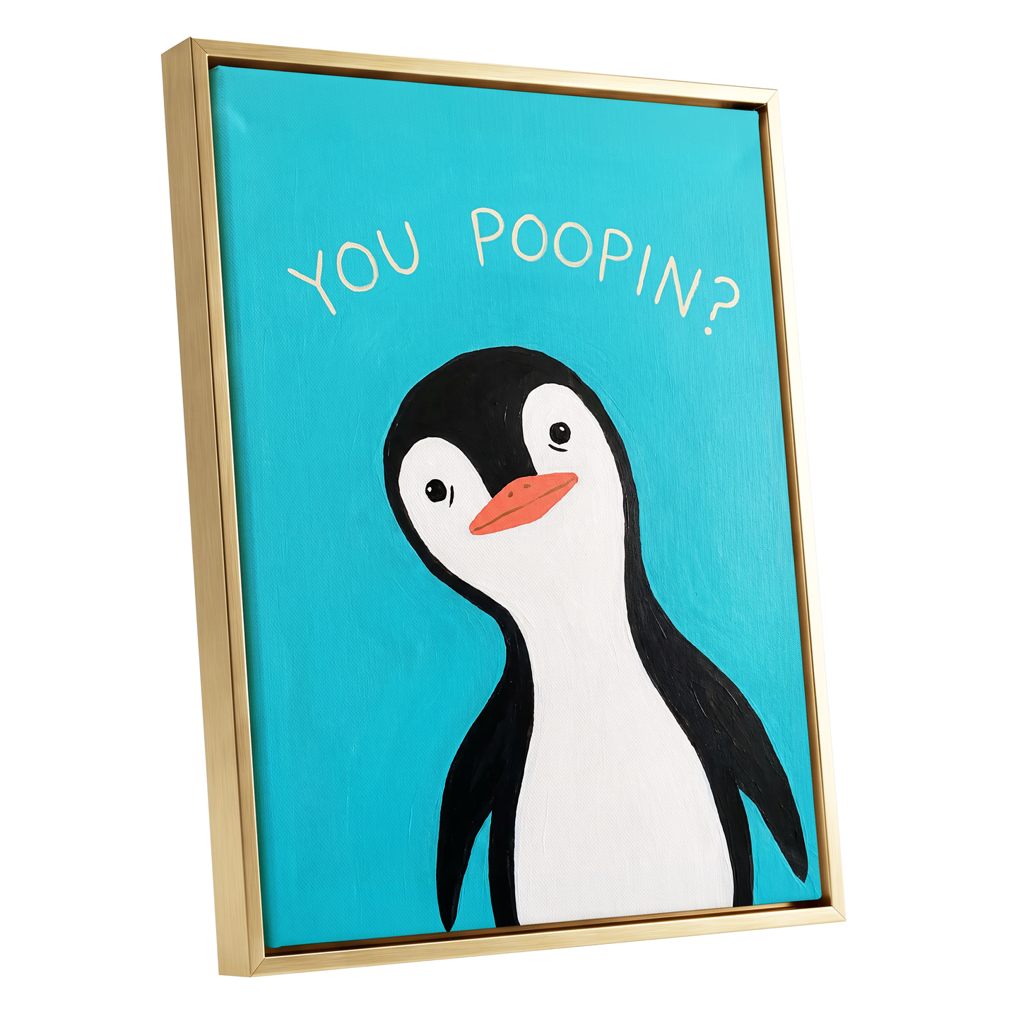Cheeky Penguin Question, blue, black, white nature wall art shown as a gold framed canvas wall art