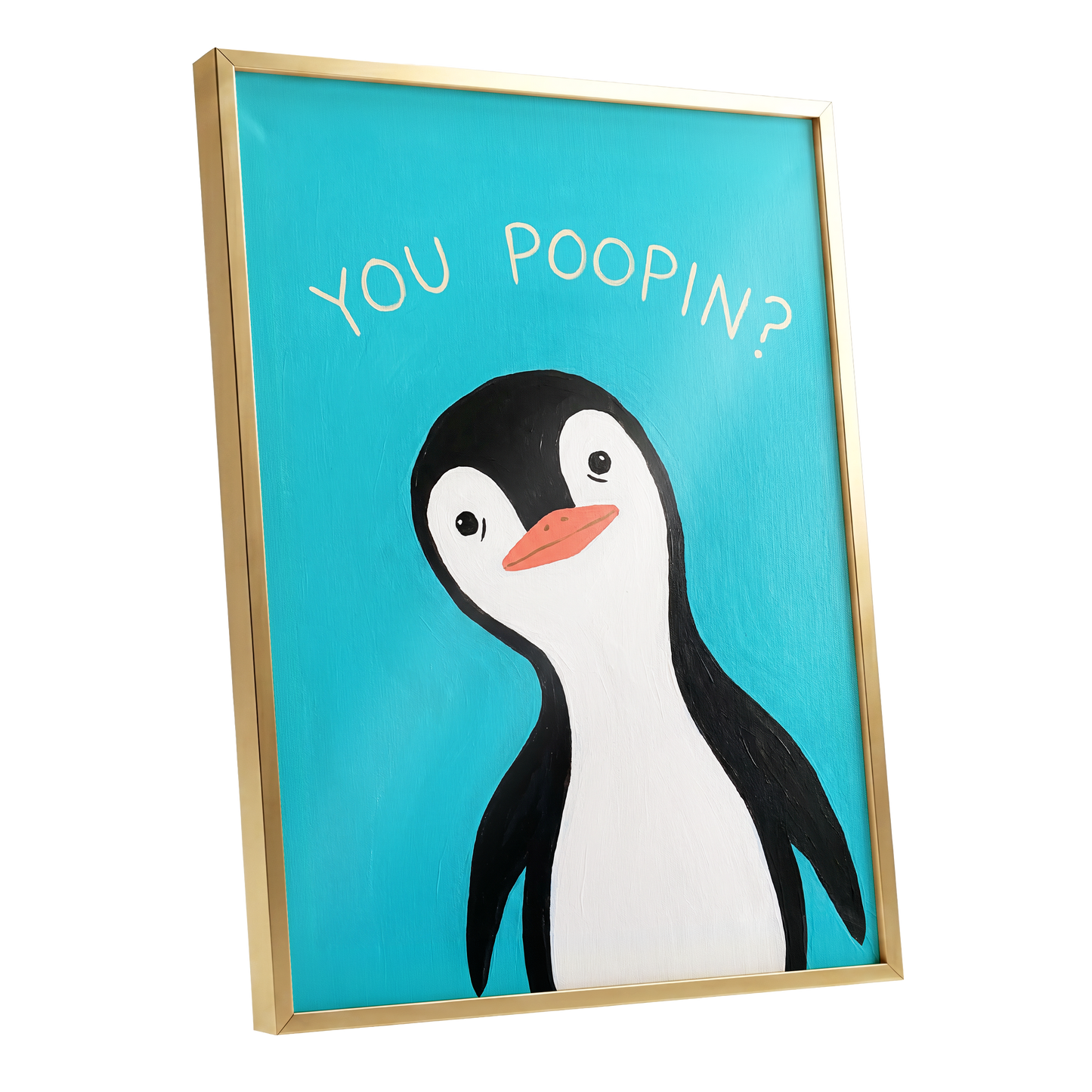 Cheeky Penguin Question, blue, black, white nature wall art shown as a gold framed poster wall art print