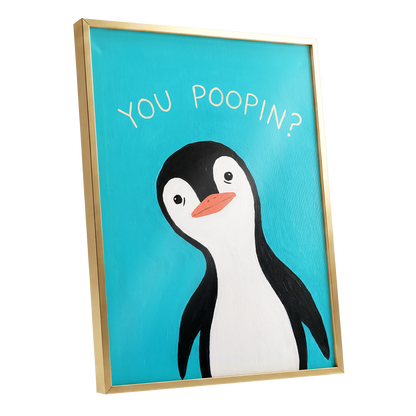 Cheeky Penguin Question, blue, black, white nature wall art shown as a gold framed poster wall art print