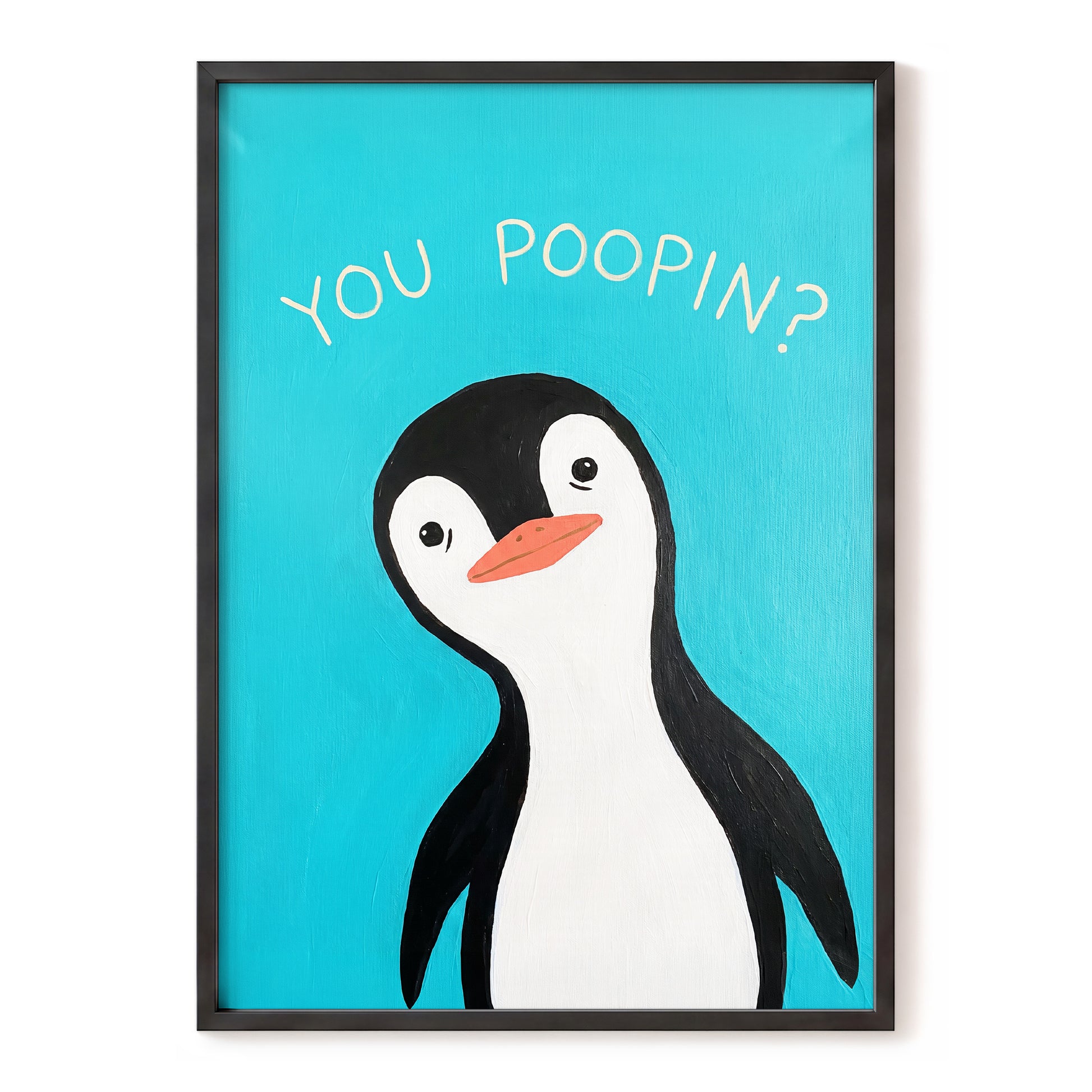 Cheeky Penguin Question, blue, black, white nature wall art, front artwork view