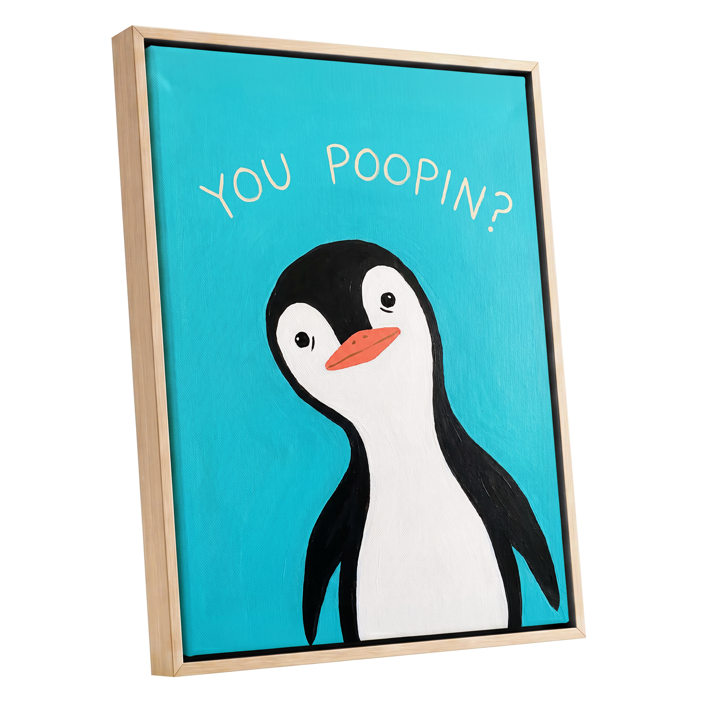 Cheeky Penguin Question, blue, black, white nature wall art shown as a oak framed canvas wall art