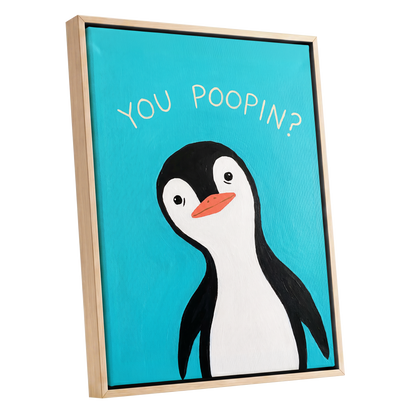 Cheeky Penguin Question, blue, black, white nature wall art shown as a oak framed canvas wall art