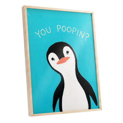 Cheeky Penguin Question, blue, black, white nature wall art shown as a oak framed poster wall art print