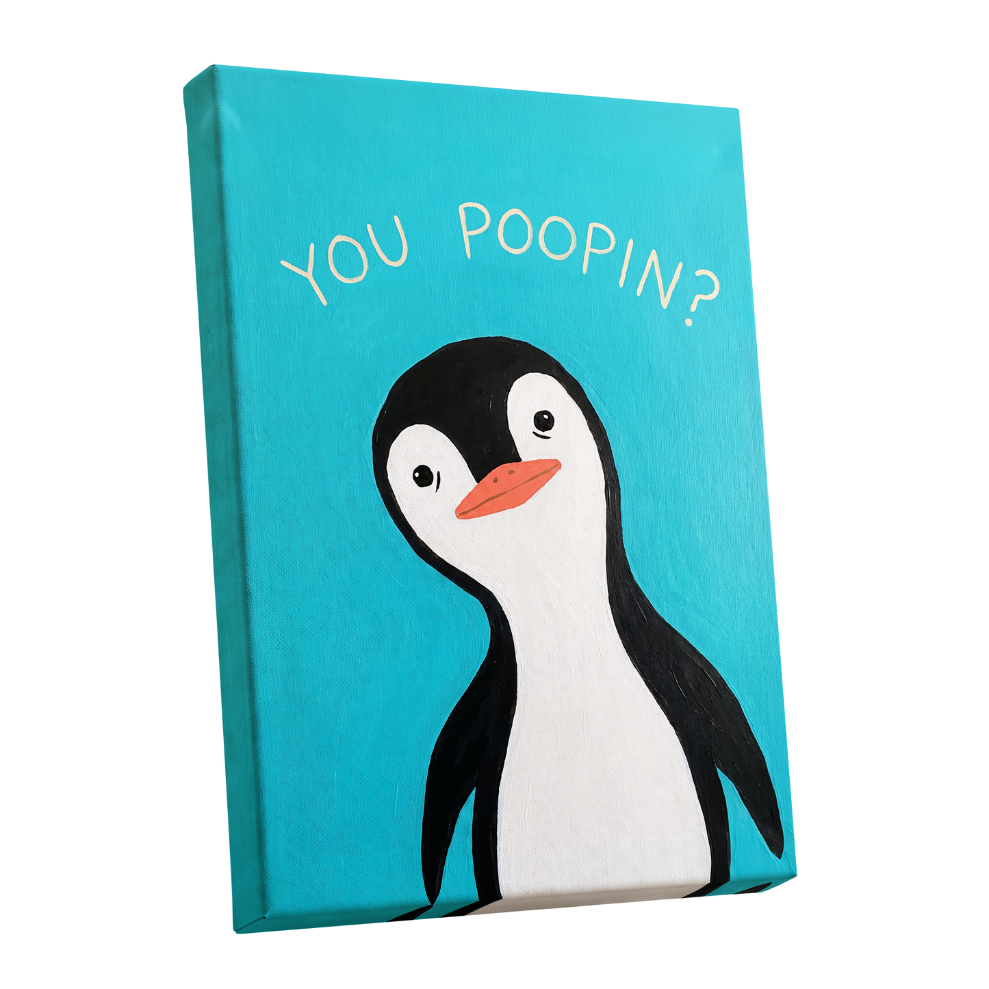 Cheeky Penguin Question, blue, black, white nature wall art shown as a stretched canvas wall art