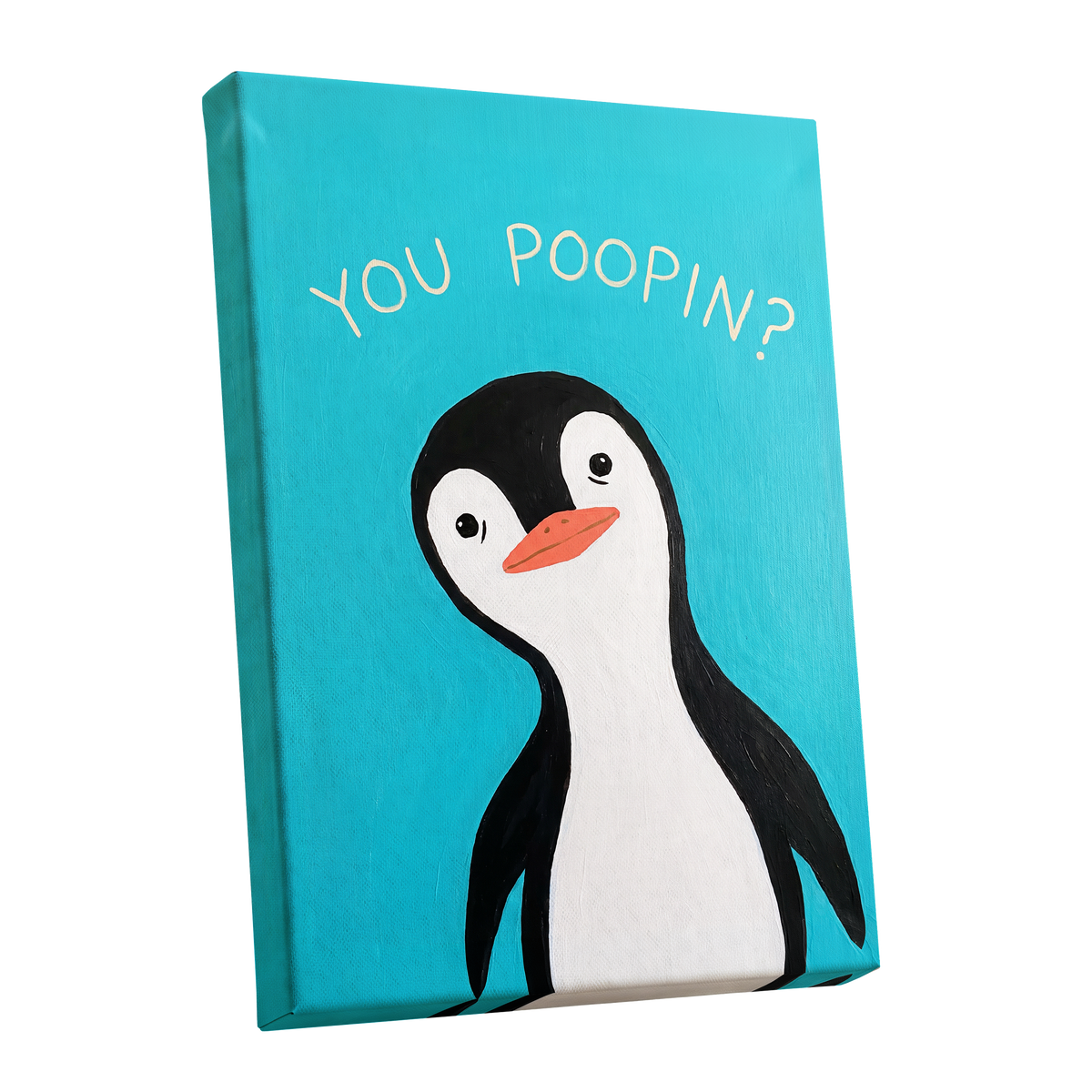 Cheeky Penguin Question, blue, black, white nature wall art shown as a stretched canvas wall art