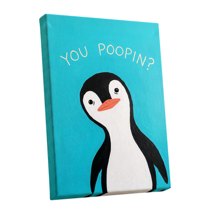 Cheeky Penguin Question, blue, black, white nature wall art shown as a stretched canvas wall art