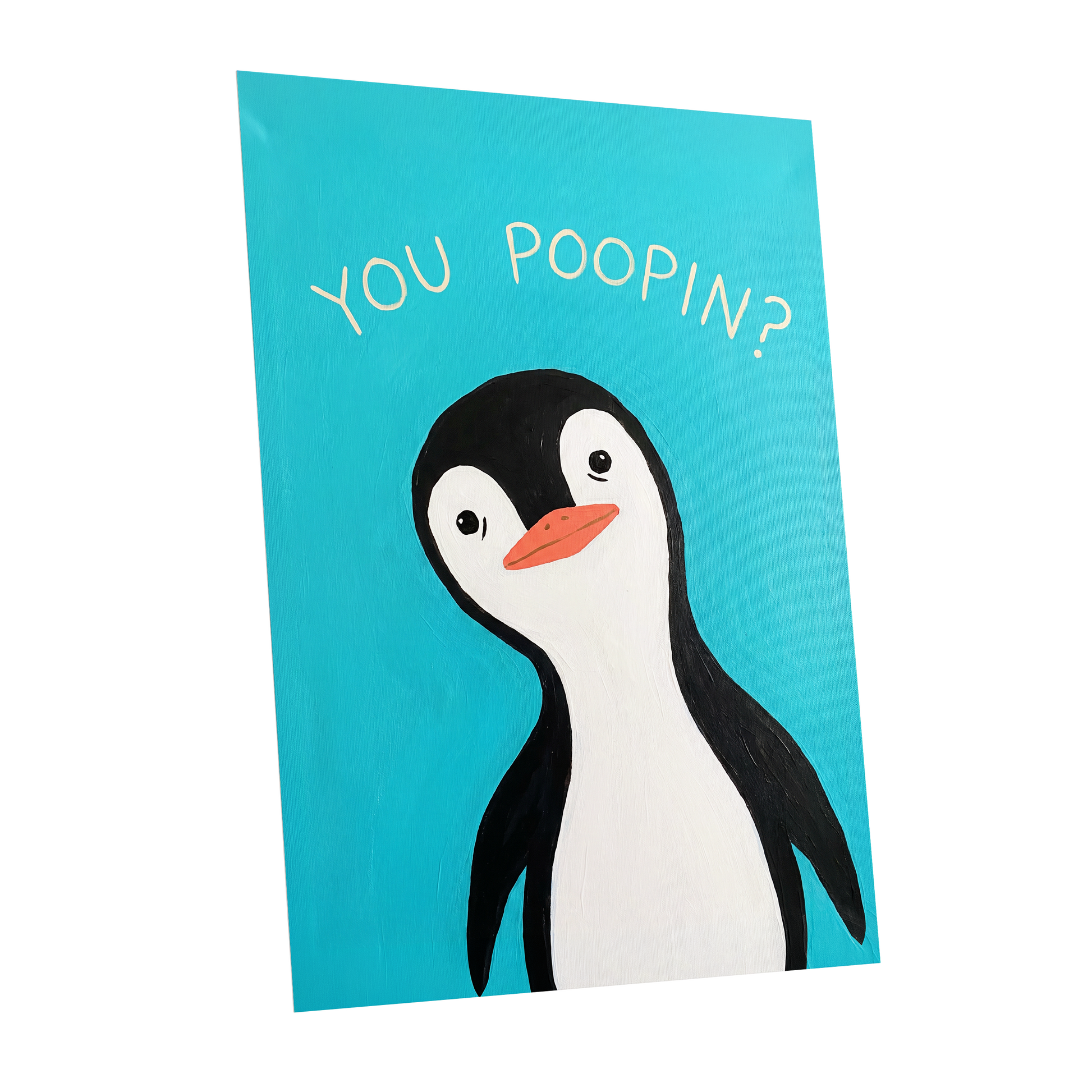 Cheeky Penguin Question, blue, black, white nature wall art shown as a unframed poster wall art print
