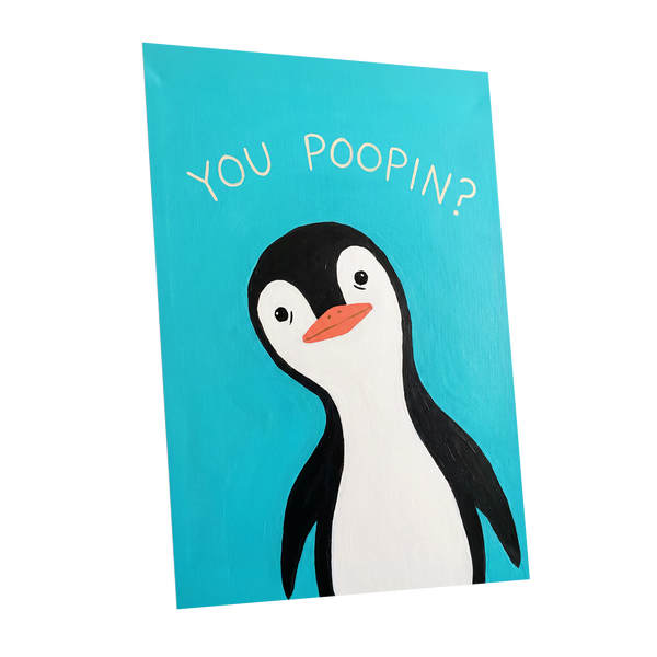 Cheeky Penguin Question, blue, black, white nature wall art shown as a unframed poster wall art print
