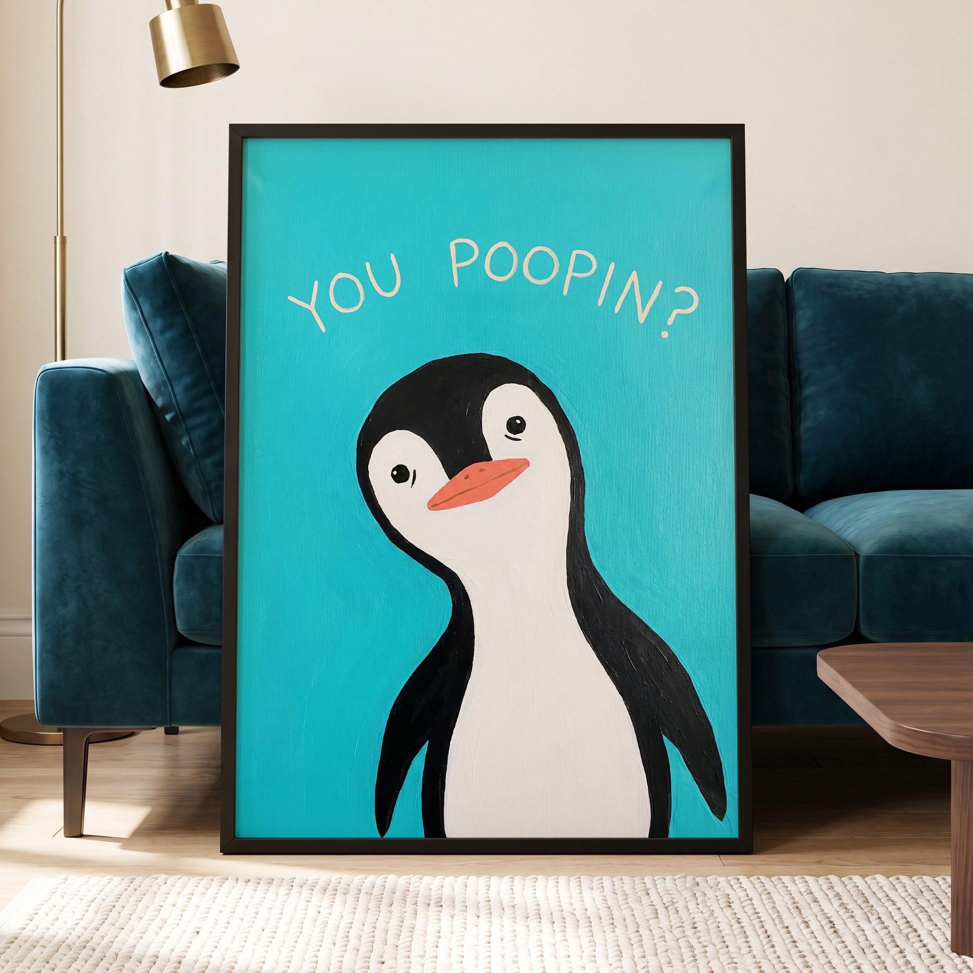 Cheeky Penguin Question, blue, black, white nature wall art displayed in a styled interior, gallery view 2