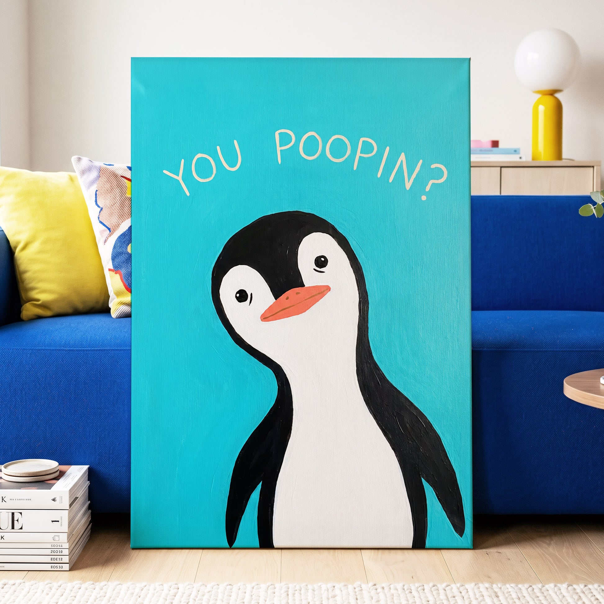 Cheeky Penguin Question, blue, black, white nature wall art displayed in a styled interior, gallery view 3