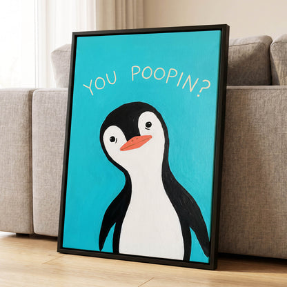 Cheeky Penguin Question, blue, black, white nature wall art displayed in a styled interior, gallery view 4