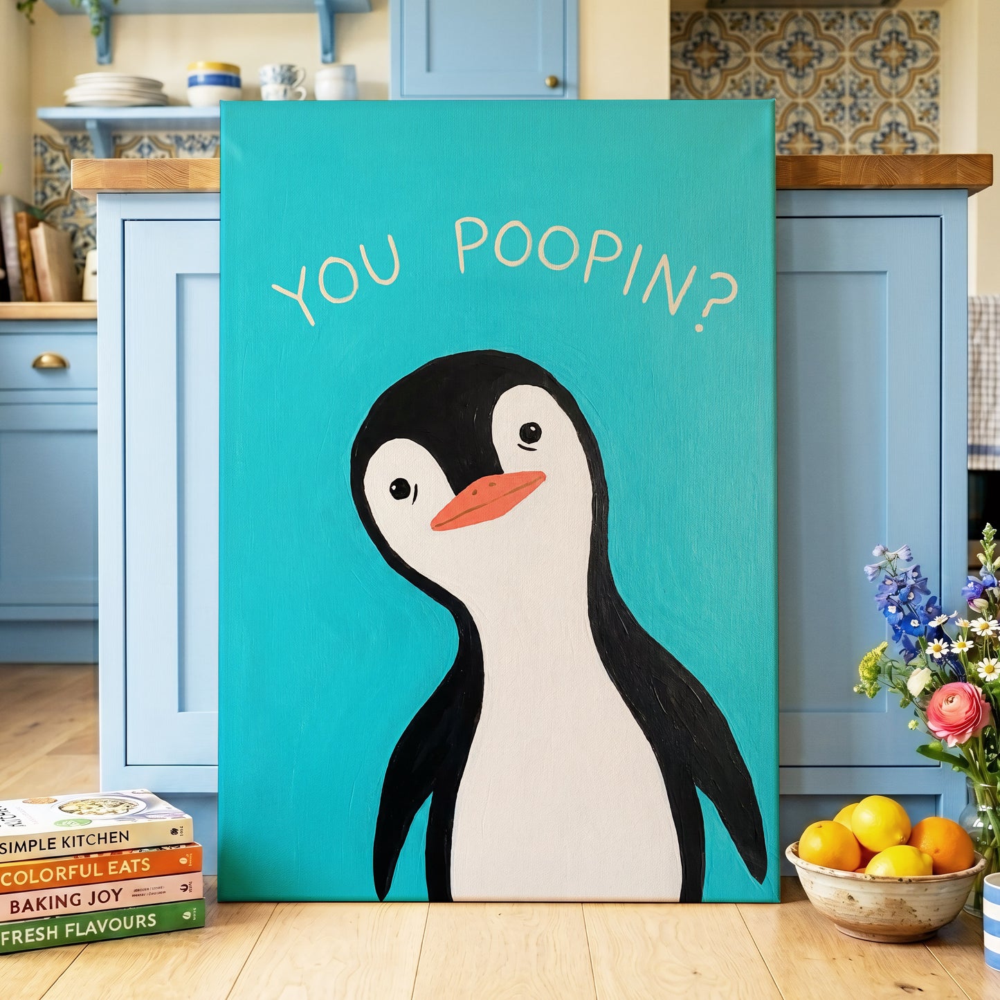 Cheeky Penguin Question, blue, black, white nature wall art displayed in a styled interior, gallery view 7