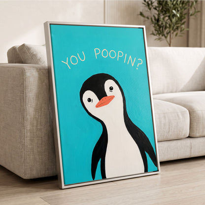 Cheeky Penguin Question, blue, black, white nature wall art displayed in a styled interior, gallery view 8