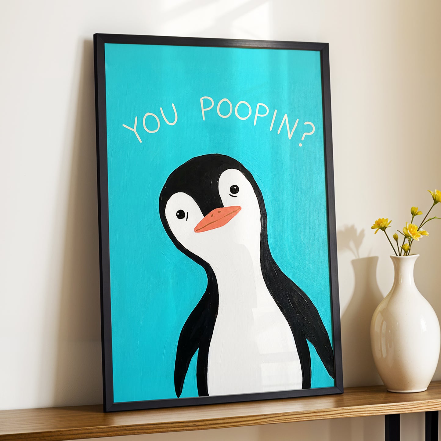 Cheeky Penguin Question, blue, black, white nature wall art displayed in a styled interior, gallery view 9
