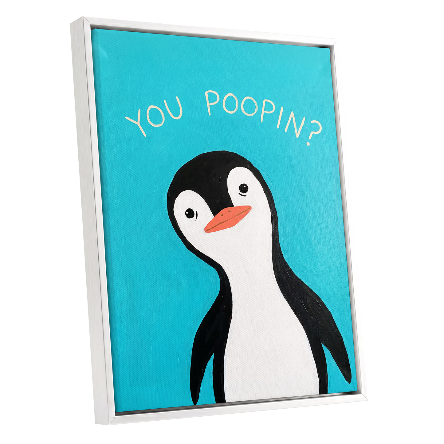 Cheeky Penguin Question, blue, black, white nature wall art shown as a white framed canvas wall art