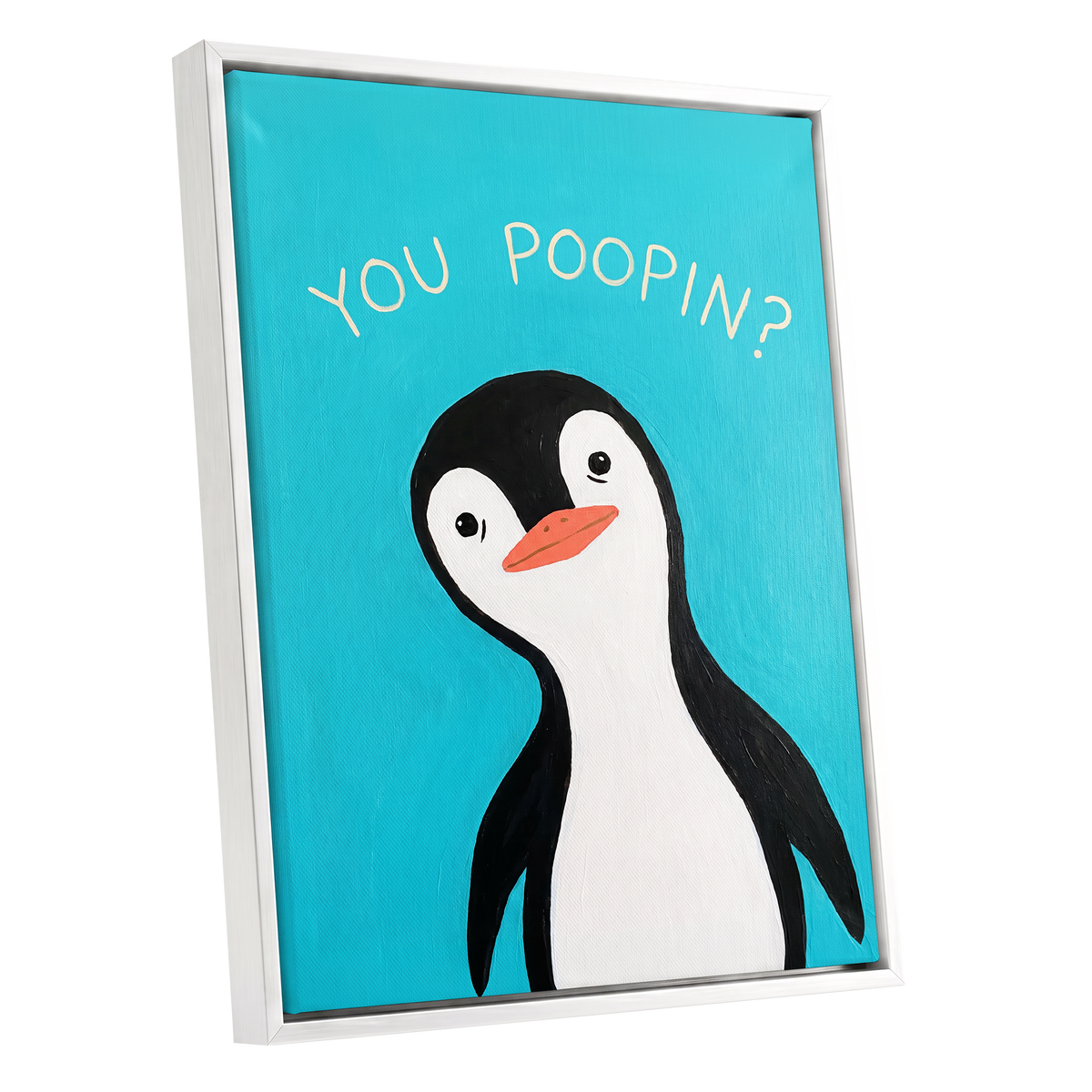 Cheeky Penguin Question, blue, black, white nature wall art shown as a white framed canvas wall art