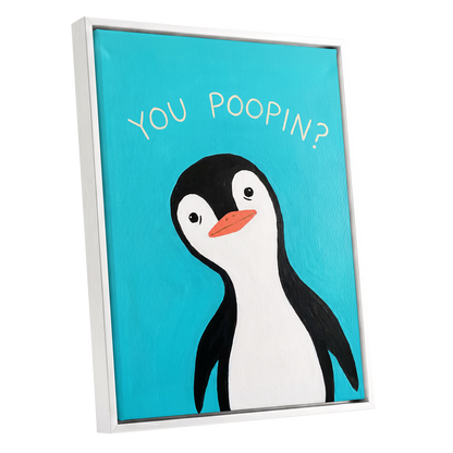 Cheeky Penguin Question, blue, black, white nature wall art shown as a white framed canvas wall art