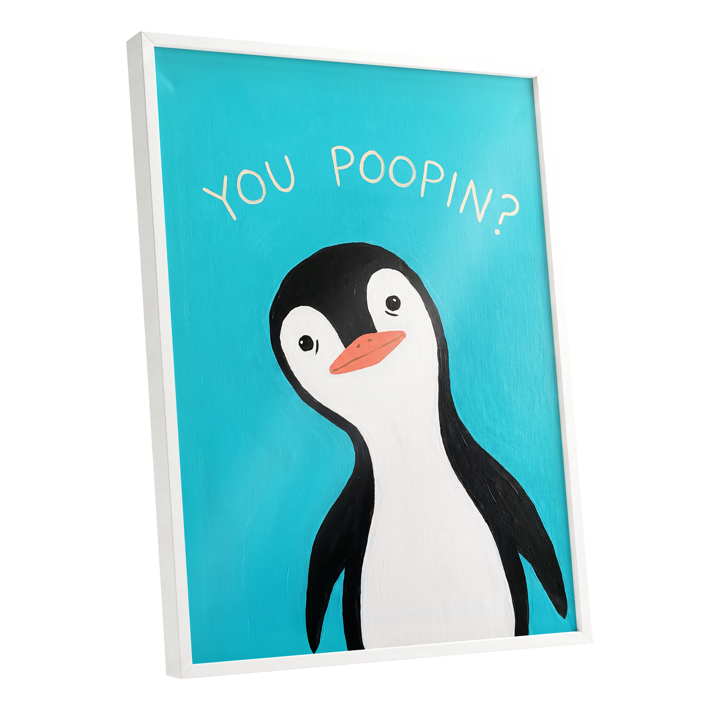 Cheeky Penguin Question, blue, black, white nature wall art shown as a white framed poster wall art print