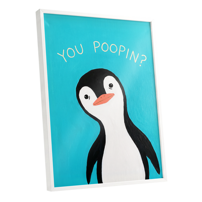 Cheeky Penguin Question, blue, black, white nature wall art shown as a white framed poster wall art print