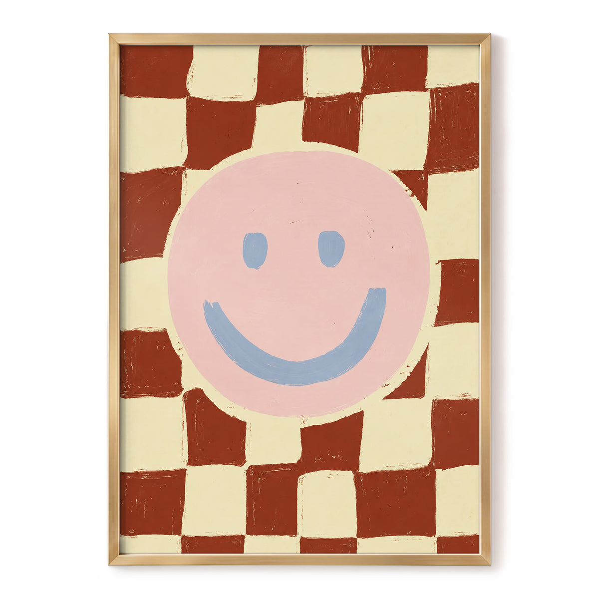 Chequered Cheer, pink, blue, brown abstract wall art, front artwork view