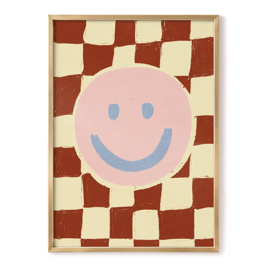 Chequered Cheer, pink, blue, brown abstract wall art, front artwork view