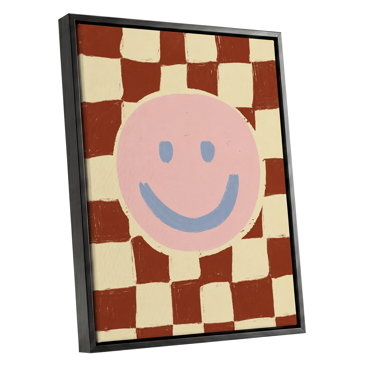 Chequered Cheer, pink, blue, brown abstract wall art shown as a black framed canvas wall art