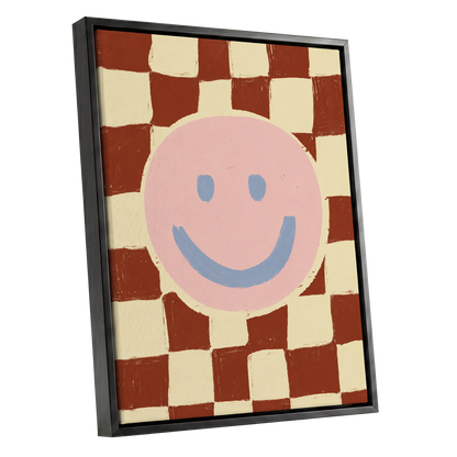 Chequered Cheer, pink, blue, brown abstract wall art shown as a black framed canvas wall art