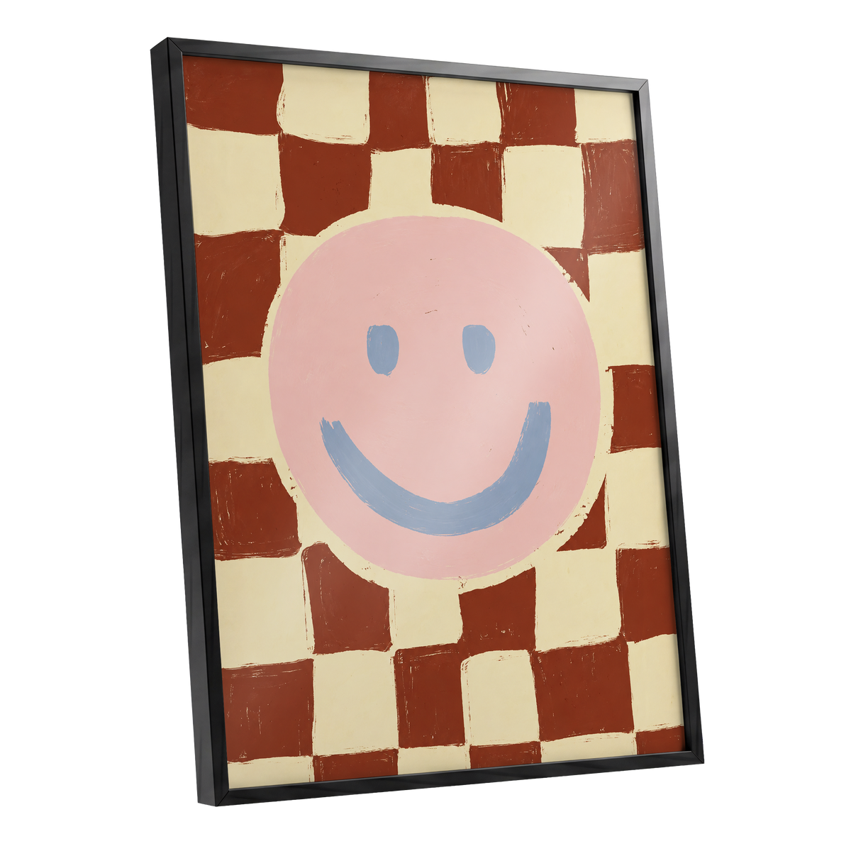 Chequered Cheer, pink, blue, brown abstract wall art shown as a black framed poster wall art print