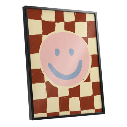 Chequered Cheer, pink, blue, brown abstract wall art shown as a black framed poster wall art print