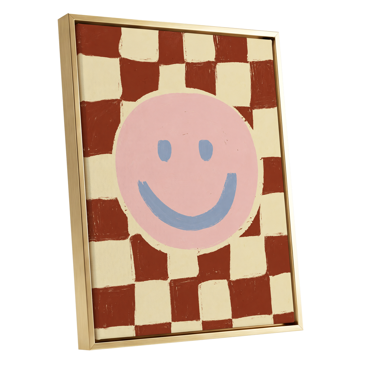 Chequered Cheer, pink, blue, brown abstract wall art shown as a gold framed canvas wall art