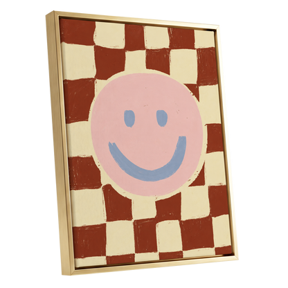 Chequered Cheer, pink, blue, brown abstract wall art shown as a gold framed canvas wall art