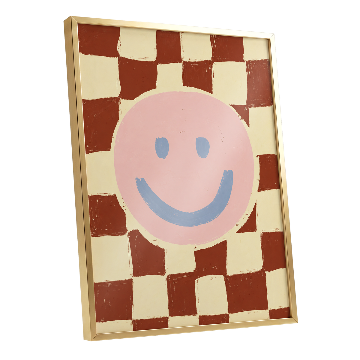Chequered Cheer, pink, blue, brown abstract wall art shown as a gold framed poster wall art print