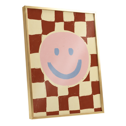 Chequered Cheer, pink, blue, brown abstract wall art shown as a gold framed poster wall art print