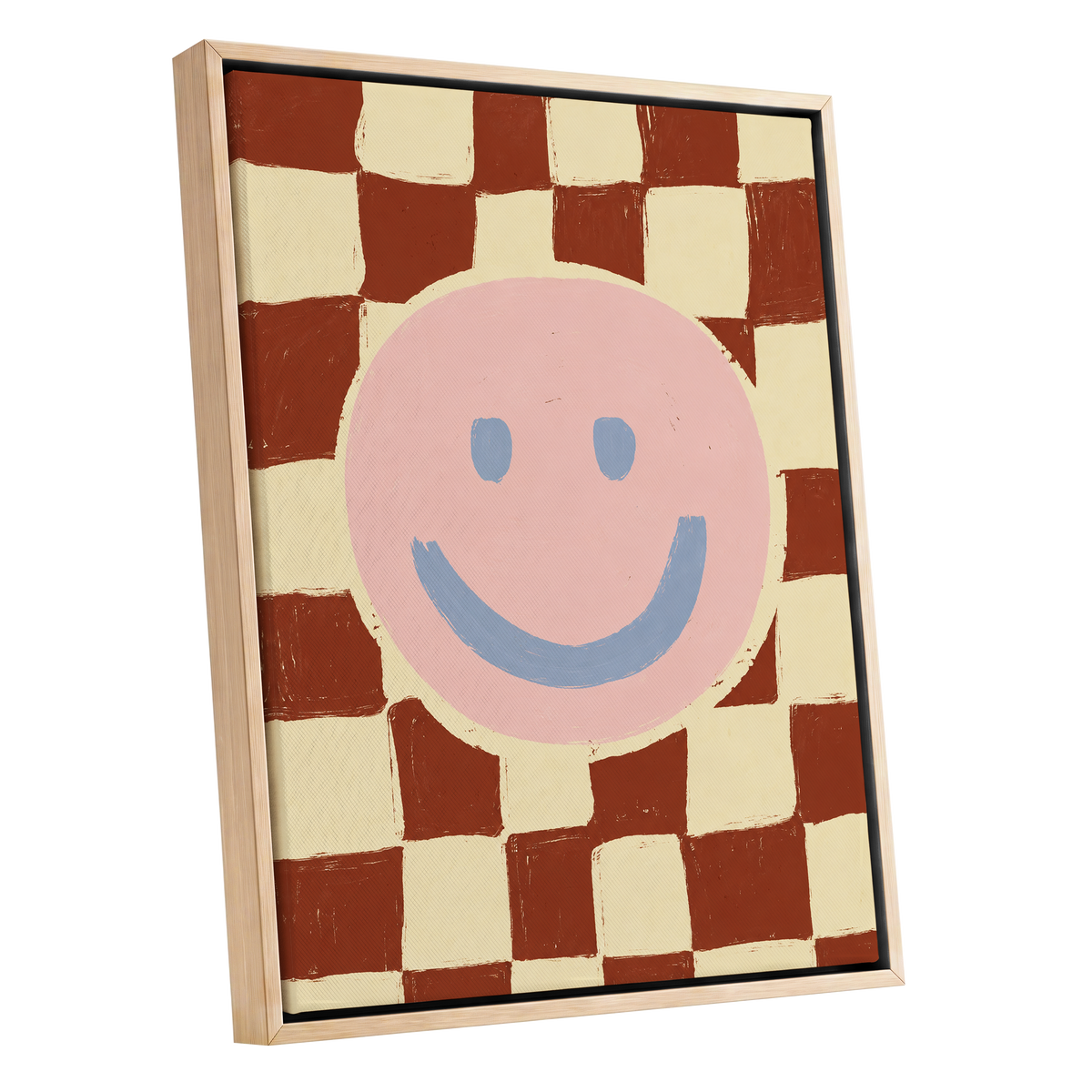 Chequered Cheer, pink, blue, brown abstract wall art shown as a oak framed canvas wall art