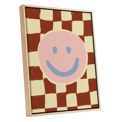 Chequered Cheer, pink, blue, brown abstract wall art shown as a oak framed canvas wall art