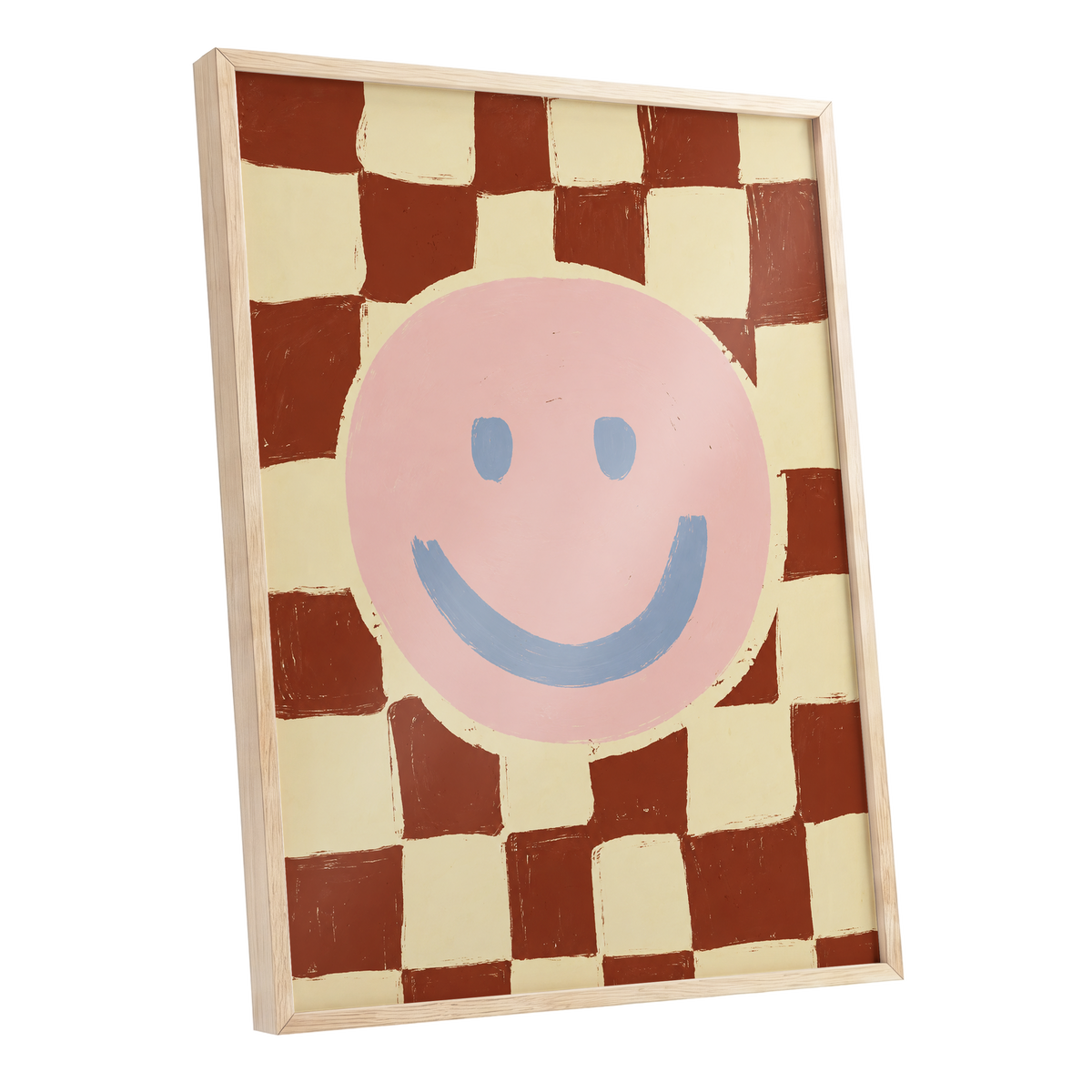 Chequered Cheer, pink, blue, brown abstract wall art shown as a oak framed poster wall art print