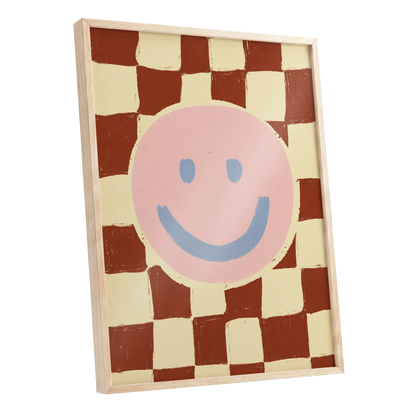 Chequered Cheer, pink, blue, brown abstract wall art shown as a oak framed poster wall art print