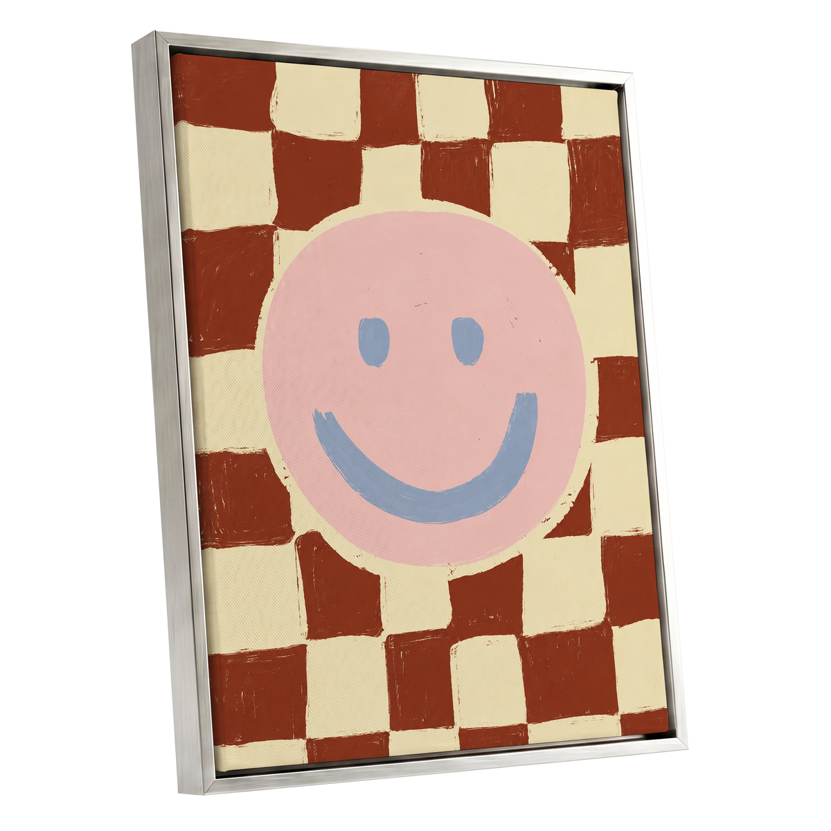 Chequered Cheer, pink, blue, brown abstract wall art shown as a silver framed canvas wall art