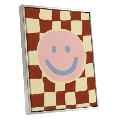 Chequered Cheer, pink, blue, brown abstract wall art shown as a silver framed canvas wall art