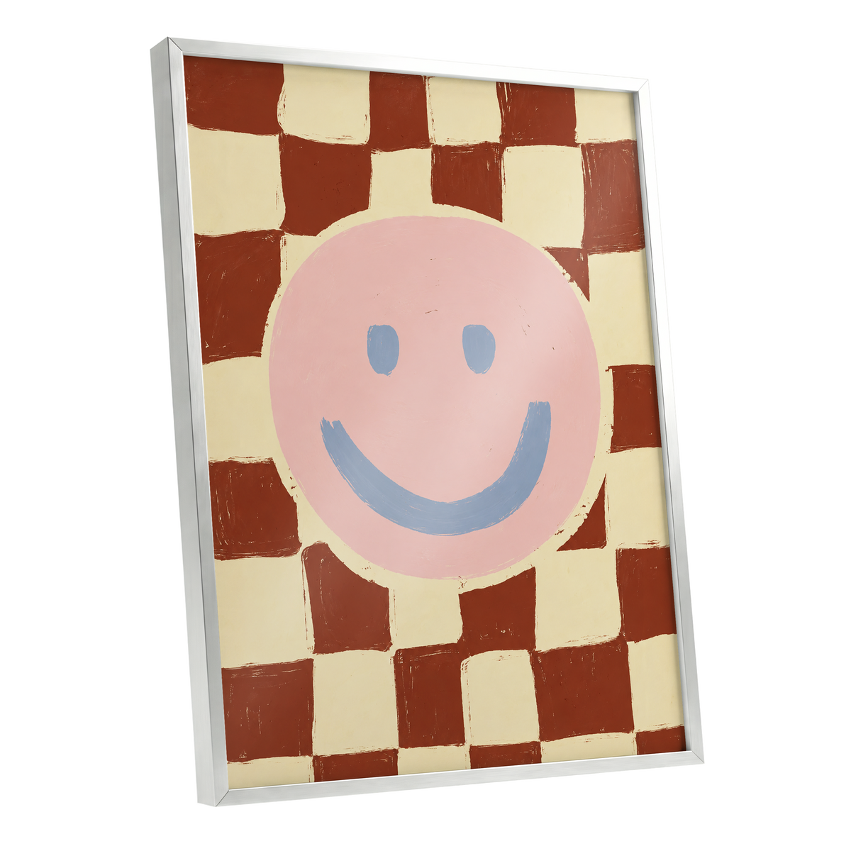Chequered Cheer, pink, blue, brown abstract wall art shown as a silver framed poster wall art print