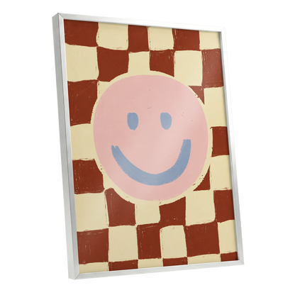 Chequered Cheer, pink, blue, brown abstract wall art shown as a silver framed poster wall art print