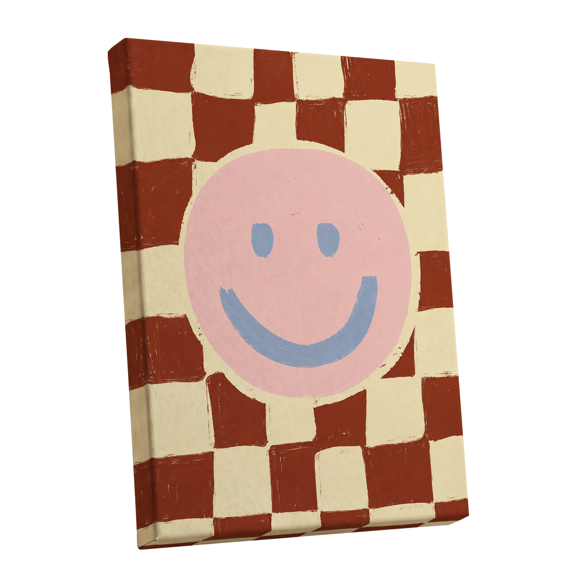 Chequered Cheer, pink, blue, brown abstract wall art shown as a stretched canvas wall art